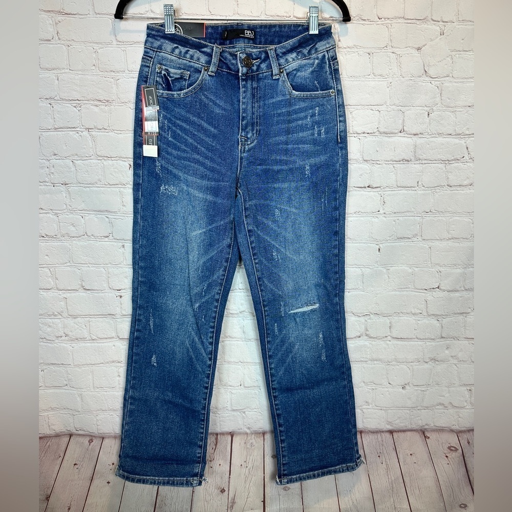 BBJ Los Angeles straight‎ leg high rise cropped distressed jeans, sz 5 27 NWT